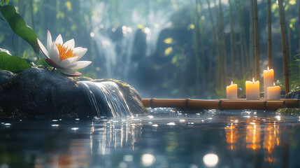 Poster - serene water scene featuring lotus flower, candles, and bamboo, creating tranquil atmosphere