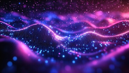 Poster - vibrant abstract waves of light and color with dynamic speckles in a digital space representing ener