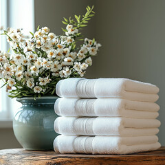Poster - Fresh white towels stacked neatly beside vase of delicate flowers, creating serene and inviting atmosphere
