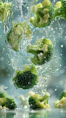 Poster - Fresh broccoli splashes in water, showcasing vibrant green florets and droplets