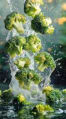 Poster - Fresh broccoli splashes in water, showcasing vibrant green florets and dynamic movement