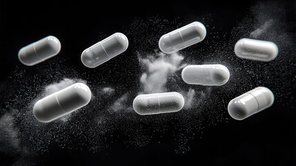 Poster - white pill capsules flying through air, surrounded by misty cloud, create dynamic and energetic scen