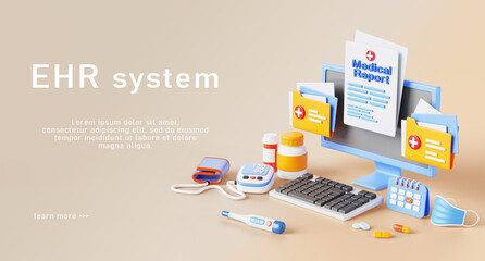 EHR system isometric 3d landing page. Healthcare data with patient medical reports. Electronic health record on computer screen with doctor equipment, telehealth, render web banner. 3D illustration