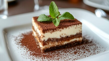 Poster - Layers of creamy mascarpone and coffee-soaked biscuits create a tempting dessert on a plate dusted with cocoa powder. A refreshing mint garnish adds a vibrant touch