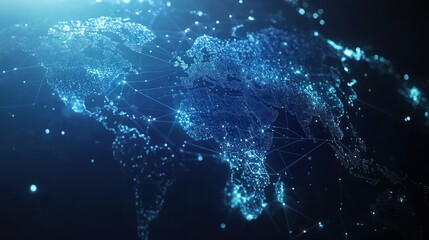 Poster - global network illustration showing continents linked by glowing connections representing communications data transfer and worldwide digital connectivity