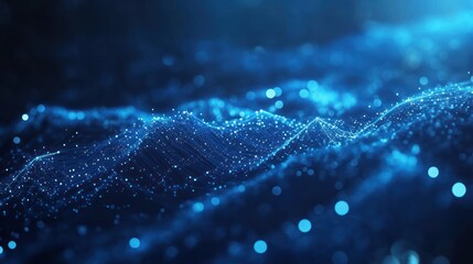 Poster - abstract digital network background with glowing dots and waves in shades of blue creating a futuristic technology visualization