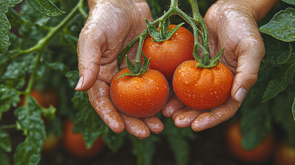 Poster - Fresh tomatoes glistening with water droplets held in hands, showcasing vibrant color and natural beauty