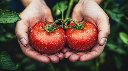 Poster - Fresh red tomatoes with water droplets held in hands, showcasing bountiful harvest