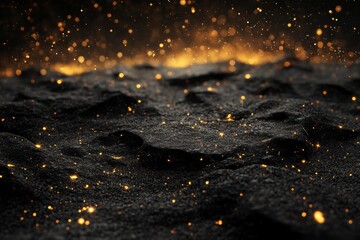 Wall Mural - 3d rendering of black rocks on the ground, with golden lights shining in space, creating an abstract