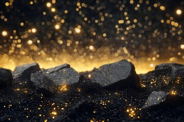 Wall Mural - 3d rendering of black rocks on the ground, with golden lights shining in space, creating an abstract