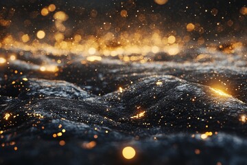 Wall Mural - 3d rendering of black rocks on the ground, with golden lights shining in space, creating an abstract