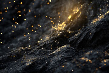 Wall Mural - 3d rendering of black rocks on the ground, with golden lights shining in space, creating an abstract