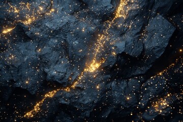 Wall Mural - 3d rendering of black rocks on the ground, with golden lights shining in space, creating an abstract