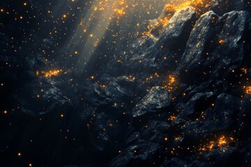 Wall Mural - 3d rendering of black rocks on the ground, with golden lights shining in space, creating an abstract