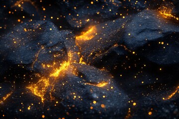 Wall Mural - 3d rendering of black rocks on the ground, with golden lights shining in space, creating an abstract