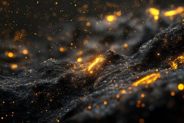 Wall Mural - 3d rendering of black rocks on the ground, with golden lights shining in space, creating an abstract