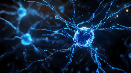 3D Render of Neurons and Neural Network in Blue