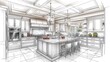 © adiar - Luxury kitchen design sketch, blueprint, interior, and garden view