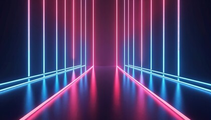 Poster - 3D render of abstract minimal background with vertical pink blue neon glowing lines in ultraviolet spectrum. Cyber space laser show futuristic wallpaper. Metaverse futuristic laser beams show