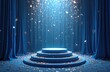© miss irine - Blue stage illuminated spotlights, falling confetti creating festive atmosphere. Curtains adorn background, enhancing elegant ambience for events, performances, celebrations, product launches,