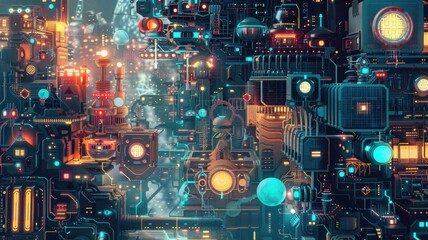 Poster - Close-up view of a complex circuit board with glowing lights. Macro photograph of skyscraper and tower with electrical circuit. Technology innovation and engineering concept for design. AIG53.