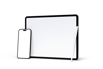 Fototapete - Realistic modern tablet, pencil and smartphone digital device mockup front view with blank screen isolated on background. Technology empty display template for ui, ux, app and website presentation
