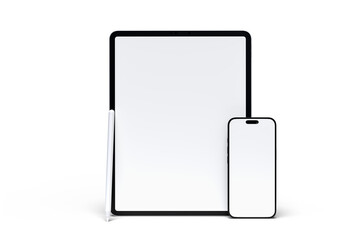 Fototapete - Realistic modern tablet, pencil and smartphone digital device mockup front view with blank screen isolated on background. Technology empty display template for ui, ux, app and website presentation