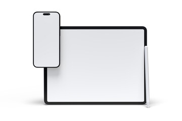 Fototapete - Realistic modern tablet, pencil and smartphone digital device mockup front view with blank screen isolated on background. Technology empty display template for ui, ux, app and website presentation