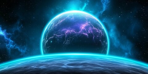 Wall Mural - A vibrant cosmic scene featuring a glowing planet with ethereal colors against a starry backdrop.