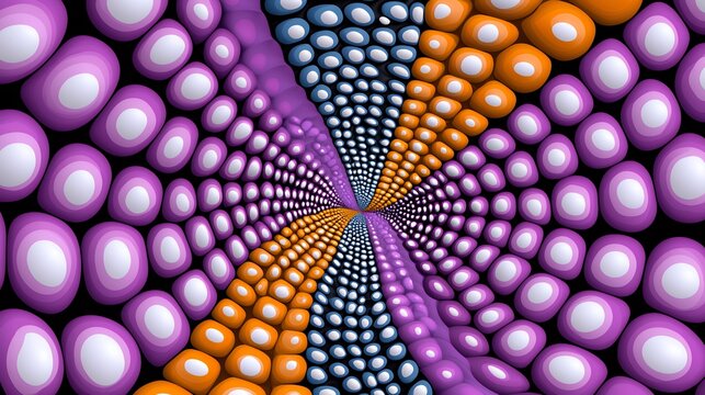 Abstract Swirling Pattern of Purple Orange and Blue Spheres