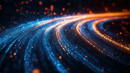 Leinwandbilder - Abstract digital artwork featuring swirling blue and orange light trails on a dark background, resembling futuristic data streams or energy flows.