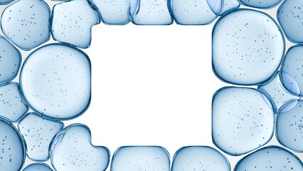 Poster - Clusters of translucent bubbles are artistically arranged to form a distinct border that showcases a blank central area. Ideal for various creative projects, it adds a fresh touch. 3d render