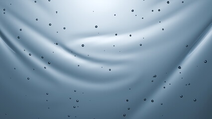 Poster - Droplets of water are scattered across a smooth blue fabric, creating an artistic interplay of light and texture. gentle ripples in the fabric add depth to the tranquil scene. 3d render