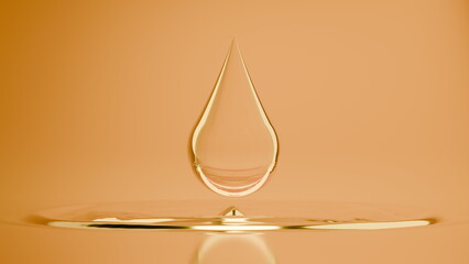Poster - transparent droplet hangs in the air, reflecting warm light, while a minimalist surface glistens beneath it. warm backdrop enhances the droplets clarity and beauty. 3d render