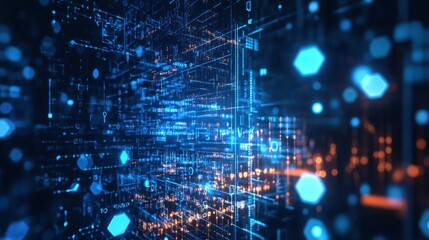 Leinwandbilder - Digital background with glowing hexagons and blue lights in a honeycomb pattern, emphasizing a futuristic and modern theme