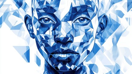 Poster - Futuristic Digital Art Portrait of a Human Face with Geometric Patterns in Blue Tones