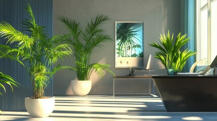 Poster - A modern office space adorned with green plants and a contemporary design, ideal for corporate and design environments.