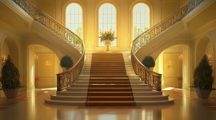 Poster - A grand staircase leads to a pedestal in a softly lit, elegant hall.