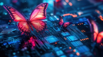 Leinwandbilder - Neon Butterflies and Digital Circuitry: Futuristic Tech-Inspired Design