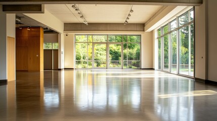 Poster - Spacious, modern interior with polished concrete floor and large windows for natural light.