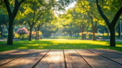 Poster - Empty wood table top and blurred green tree in the park garden background - can used for display or montage your products
