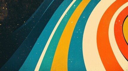 Poster - Vibrant rainbow, orange blue teal white psychedelic grainy gradient color flow wave on black background, music cover dance party poster design. Retro Colors from the 1970s 1980s, 70s, 80s, 90s style
