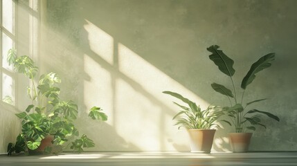 Poster - A serene indoor scene with potted plants and soft sunlight illuminating a minimalist space.