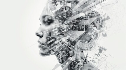 Poster - Digital face composed of various images and pixels on a white background. Abstract human portrait with 3D rendering geometric shape. Technology innovation and artificial intelligence concept. AIG53.