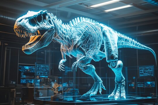 Holographic Dinosaur Skeleton Exhibit in Futuristic Museum