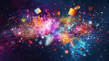 Poster - Abstract explosion with bright particles and dynamic motion. Digital art for design with vibrant color pigment explosion scene with black background. Vibrant colors and energetic elements. AIG53.