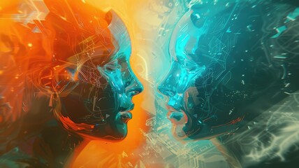 Poster - Abstract digital faces with glowing blue and orange lines facing each other. Digital artwork of face with glowing line. Technology innovation and artificial intelligence concept for design. AIG53.