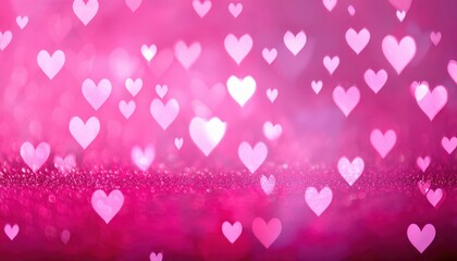 Poster - romantic pink heart bokeh background with glowing glitter surface, dreamy floating hearts, soft light effects for love themes

