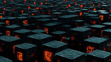 Poster - Exploring digital landscapes futuristic grid of glowing cubes abstract environment high-tech viewpoint