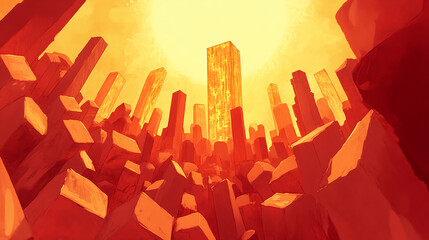 Poster - Urban sunset abstract cityscape silhouettes amidst fiery skies digital art vibrant environment low angle view futuristic concept